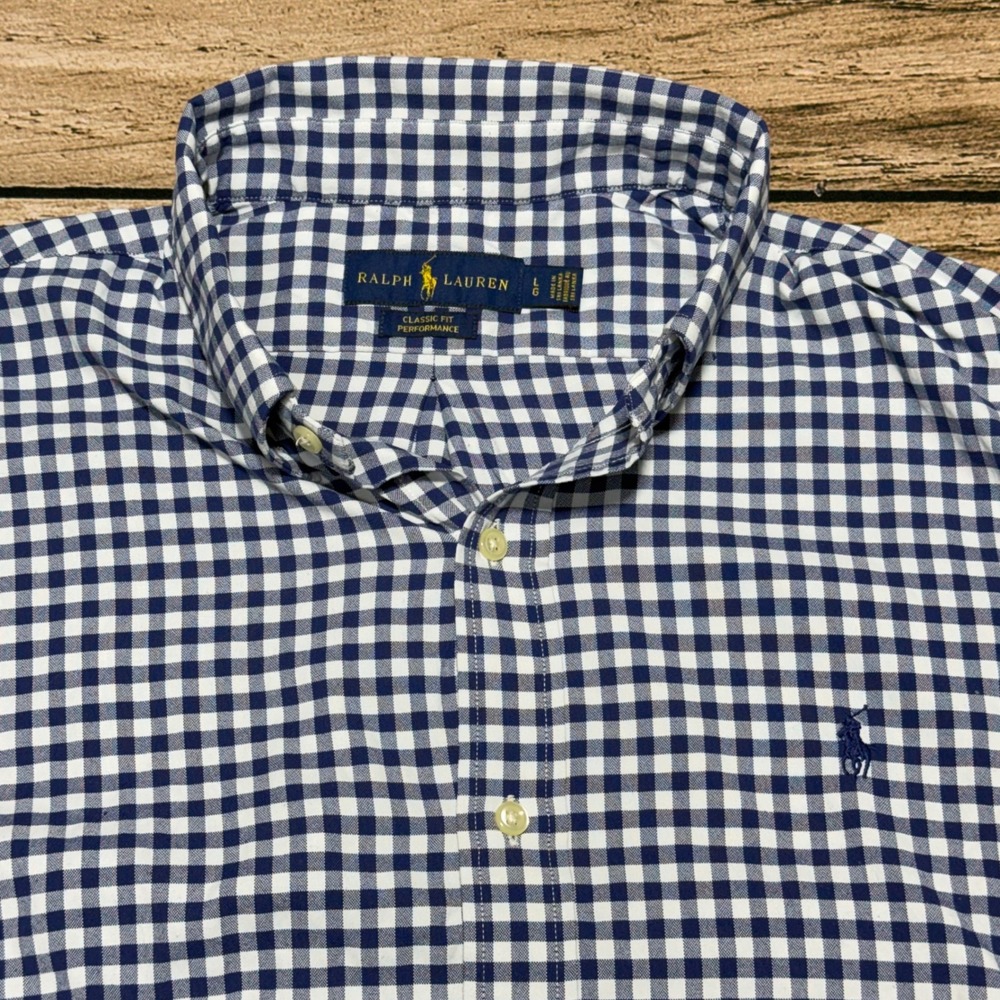 Ralph Lauren Button Down Shirt Mens Large Navy Gingham Classic Fit Performance
